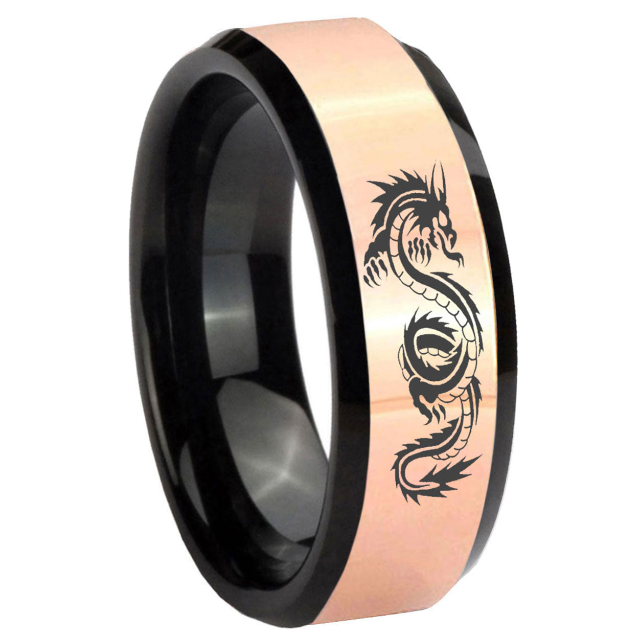 8MM Dragon Rose Gold Black Bevel Tungsten Wedding Ring