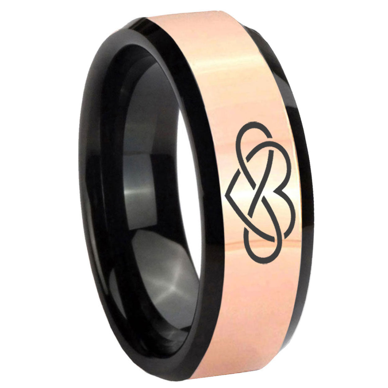 8MM Infinity Love Rose Gold And Black Bevel Tungsten Ring