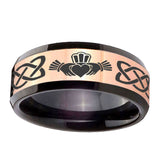 8mm-Irish-Claddagh-Beveled-Tungsten-Carbide-Rose-Gold-Black-Mens-Weddingt-Ring