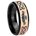 8MM Irish Claddagh Rose Gold Black Bevel Tungsten Wedding Band