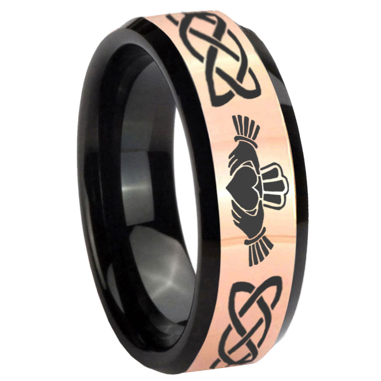 8MM Irish Claddagh Rose Gold Black Bevel Tungsten Wedding Band