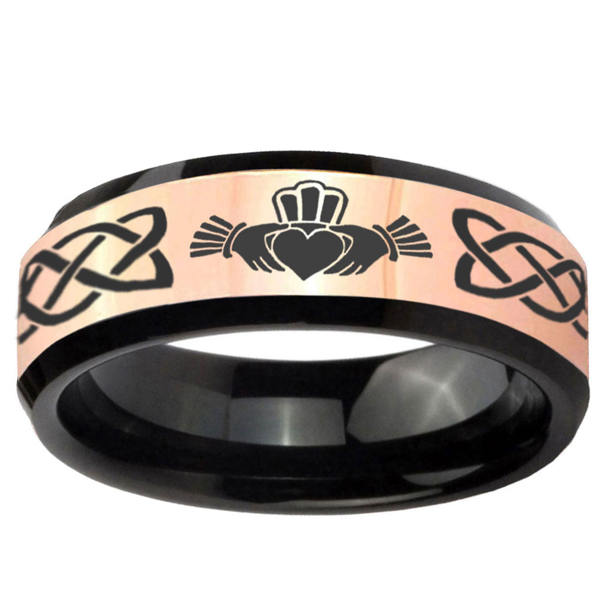 Irish Claddagh Rose Gold Black Bevel Tungsten Wedding Band