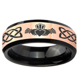 Irish Claddagh Rose Gold And Black Beveled Edge Tungsten Wedding Band