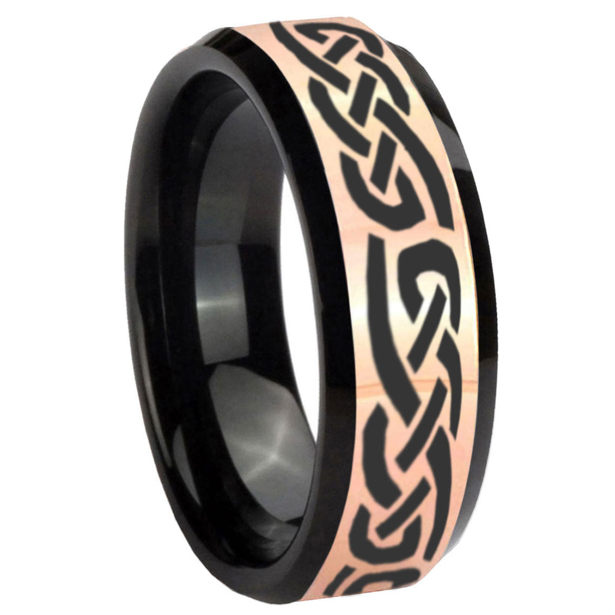 8MM Celtic Knot Infinity Love Rose Gold Black Bevel Tungsten Ring