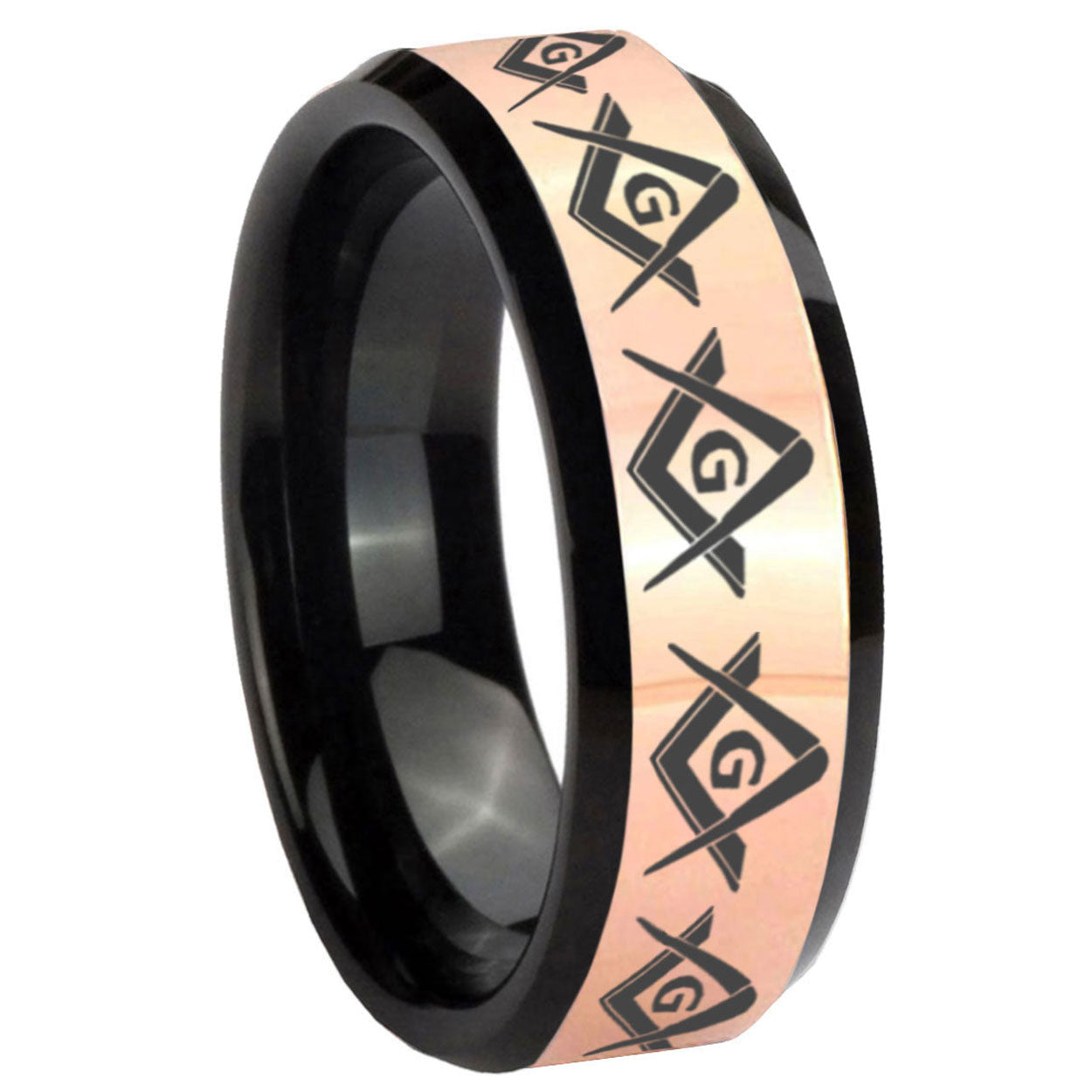 8MM Masonic Square Compass Rose Gold Black Bevel Tungsten Band