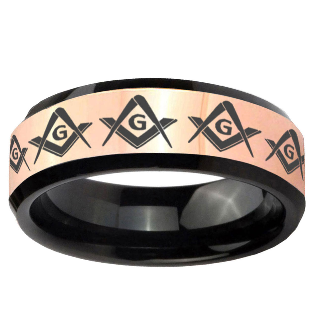 Masonic Square Compass Rose Gold Black Bevel Tungsten Band