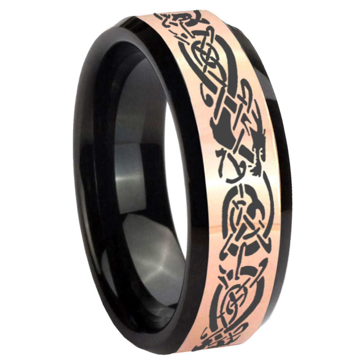 8MM Celtic Dragon Rose Gold Black Bevel Tungsten Wedding Ring