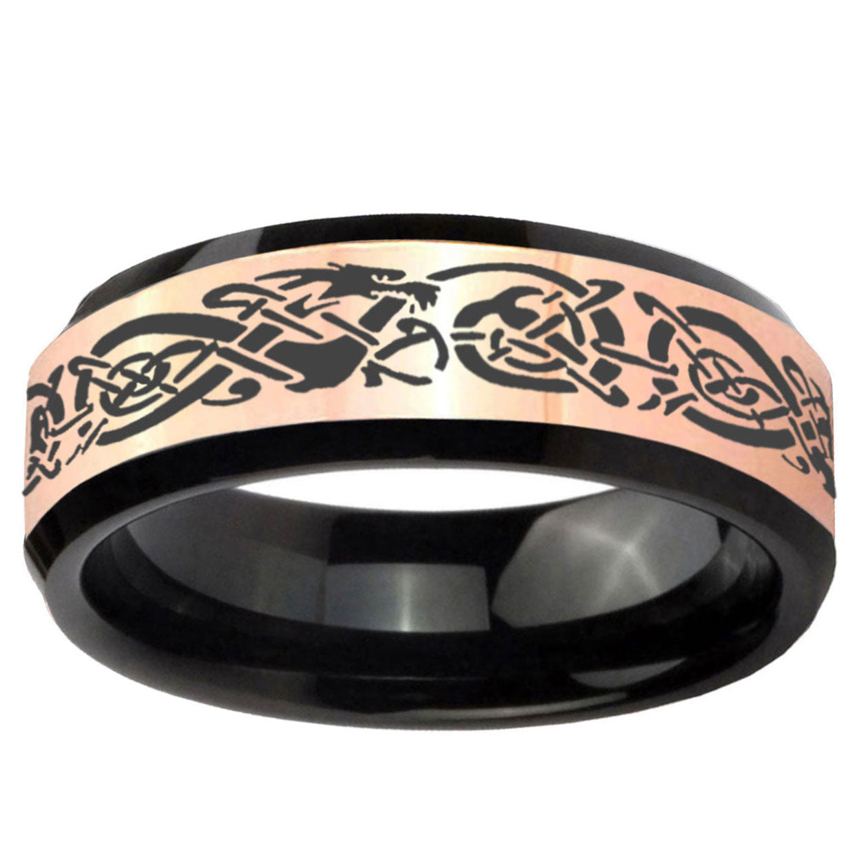 Celtic Dragon Rose Gold Black Bevel Tungsten Wedding Ring