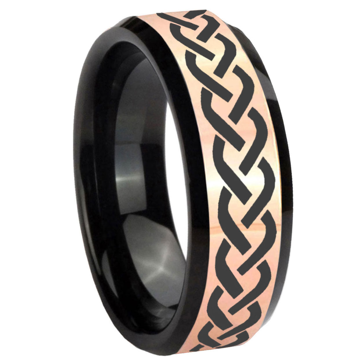 8MM Laser Celtic Knot Rose Gold Black Bevel Tungsten Engraved Band