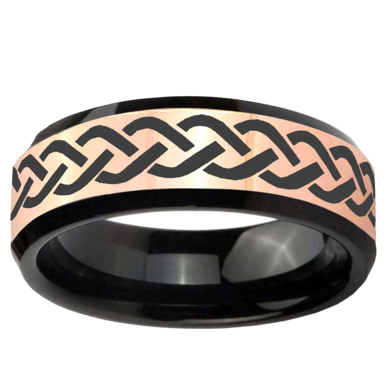 Laser Celtic Knot Rose Gold Black Bevel Tungsten Engraved Band