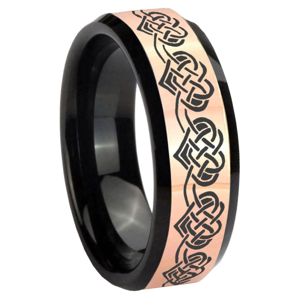 8MM Celtic Knot Heart Rose Gold Black Bevel Tungsten Ring
