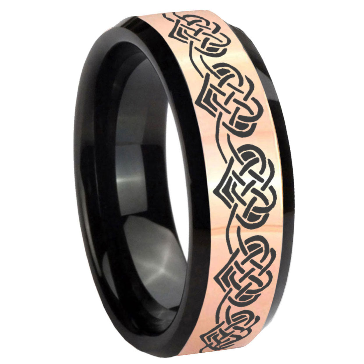 8MM Celtic Knot Heart Rose Gold Black Bevel Tungsten Ring