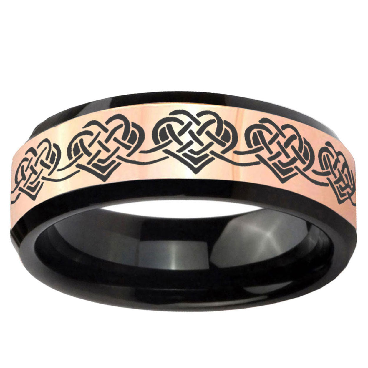 Celtic Knot Heart Rose Gold Black Bevel Tungsten Ring