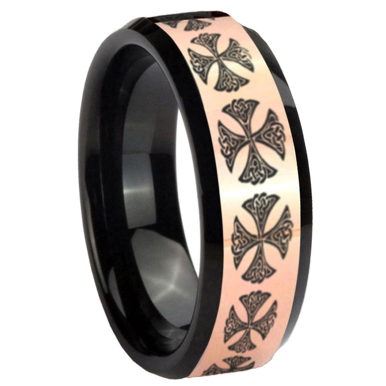 8MM Medieval Cross Rose Gold Black Bevel Tungsten Men's Band