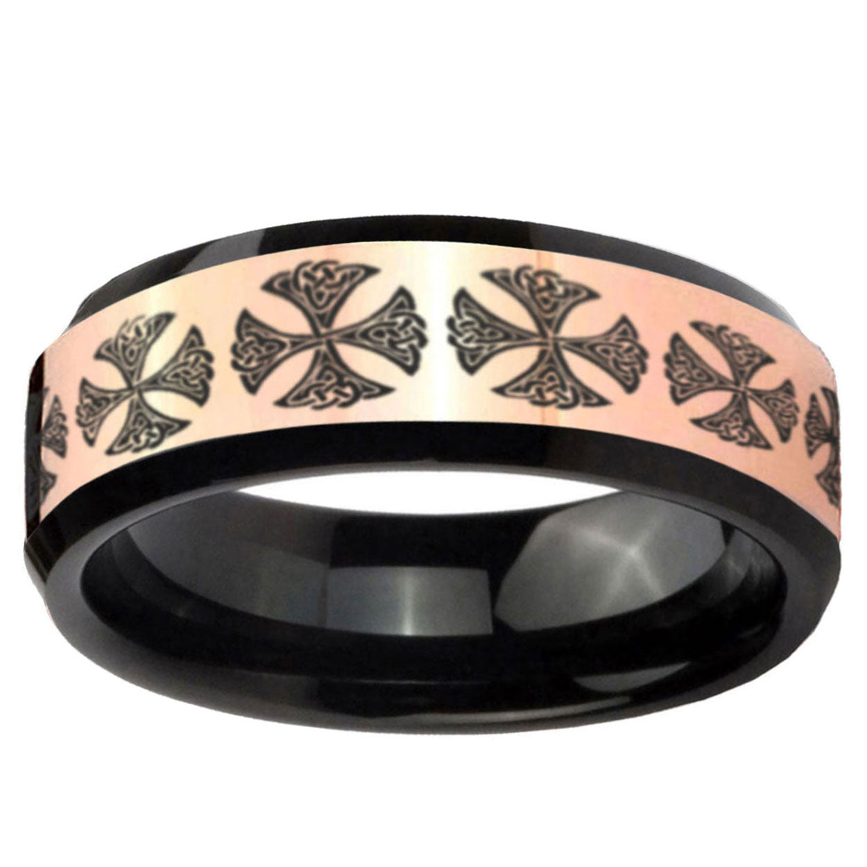 Medieval Cross Rose Gold Black Bevel Tungsten Men's Band