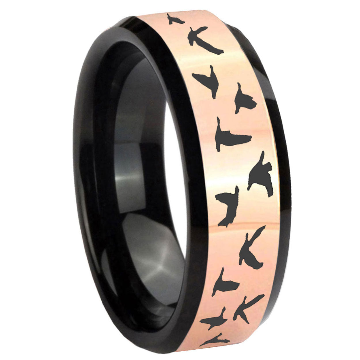 8MM Flying Geese Hunting Rose Gold Black Bevel Tungsten Ring