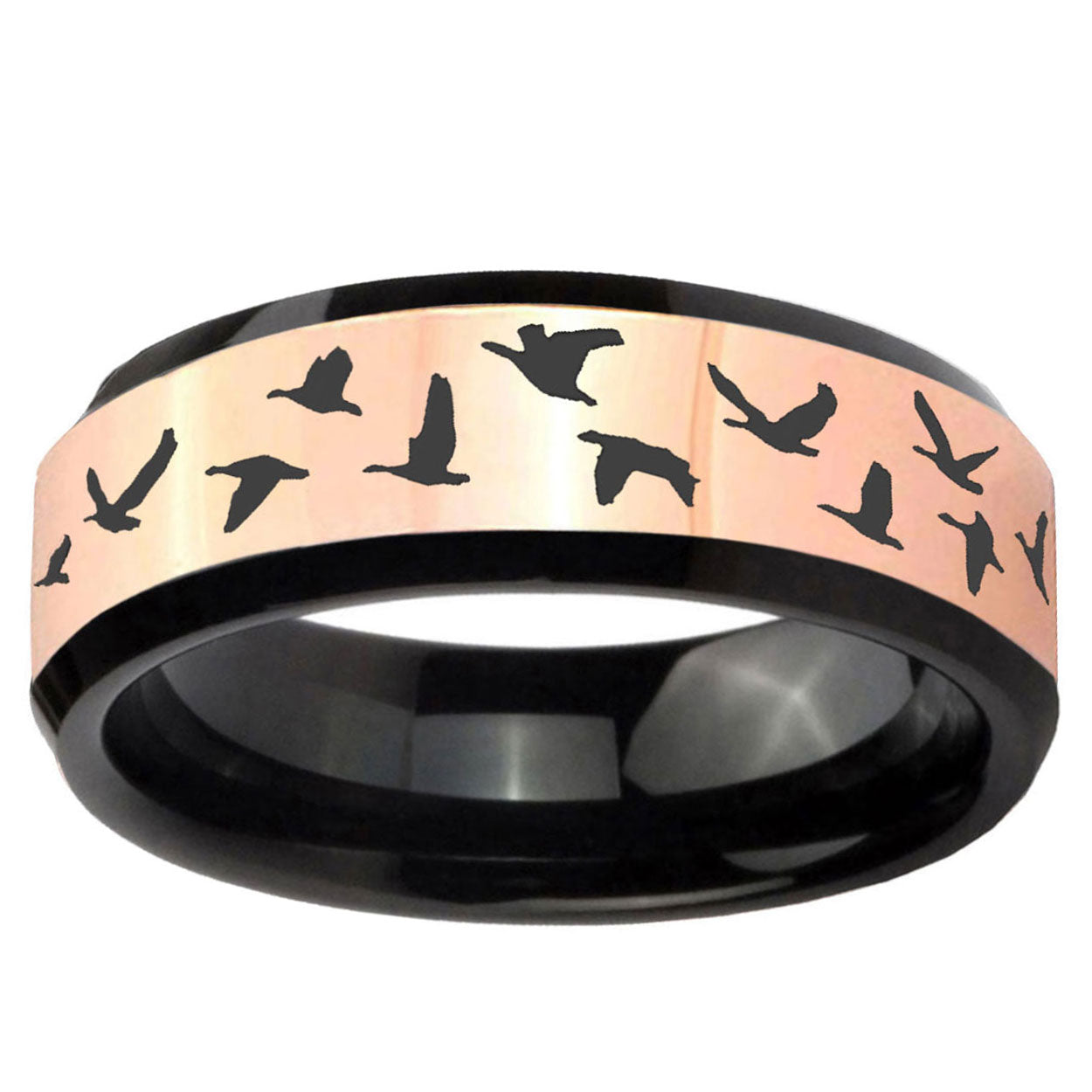 Flying Geese Hunting Rose Gold Black Bevel Tungsten Ring