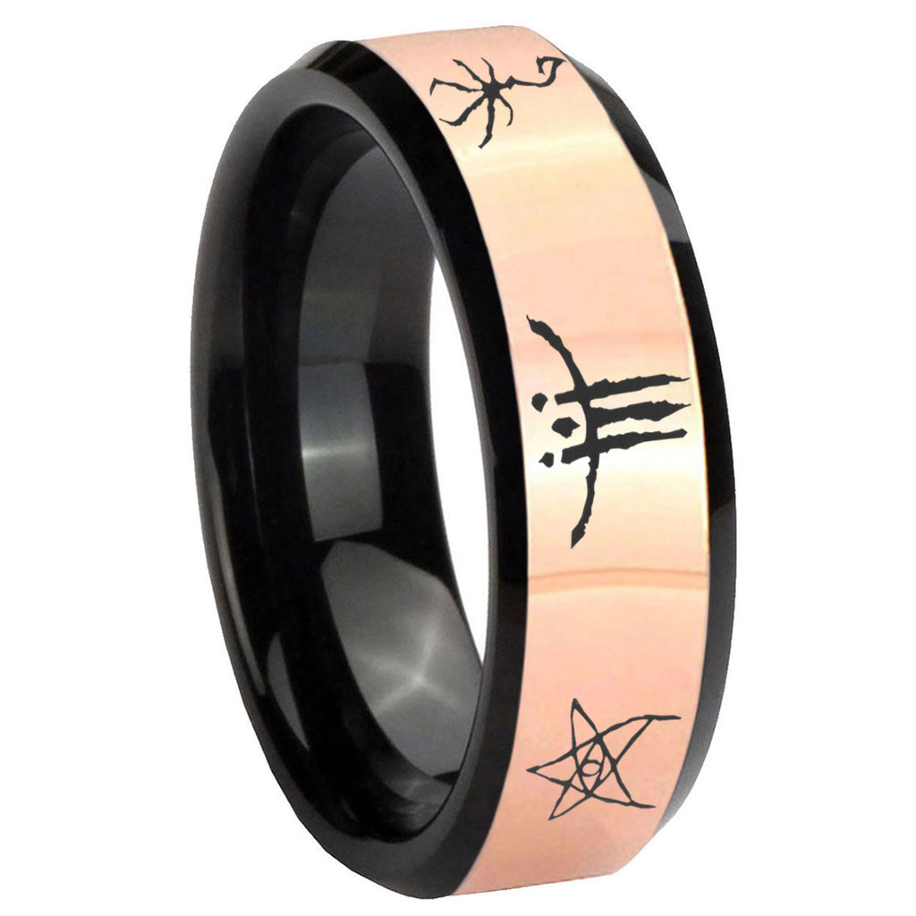 8MM Blackborne Caryll Runes Rose Gold Black Bevel Tungsten Custom Ring