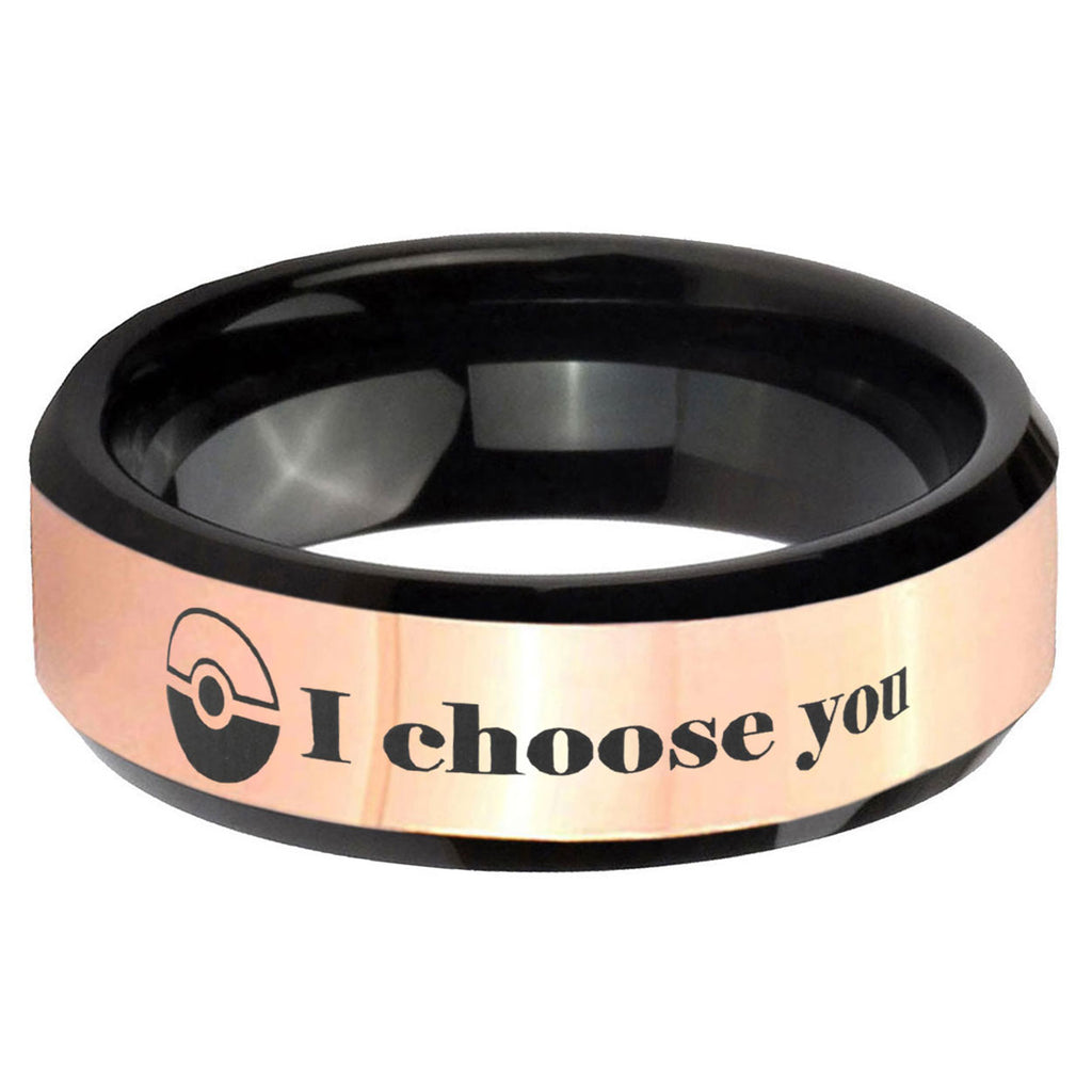 Pokeball Pokemon Rose Gold Black Bevel Tungsten Custom Ring