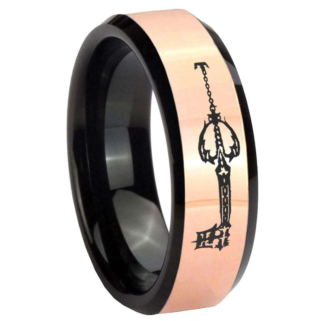8MM kingdom heart keyblades Rose Gold Black Bevel Tungsten Custom Ring