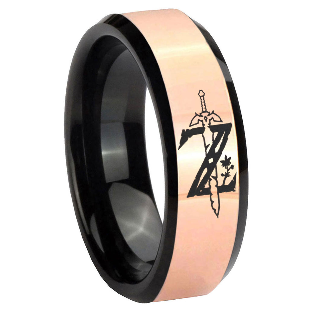 8MM Zelda Breath Of The Wild Rose Gold Black Bevel Tungsten Custom Ring