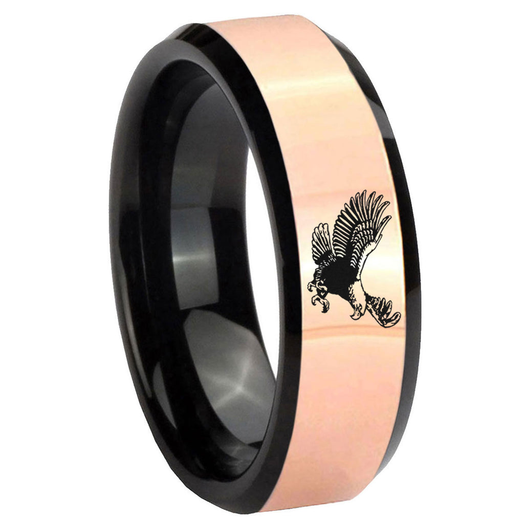 8MM Flying American Eagle Rose Gold Black Bevel Tungsten Custom Ring