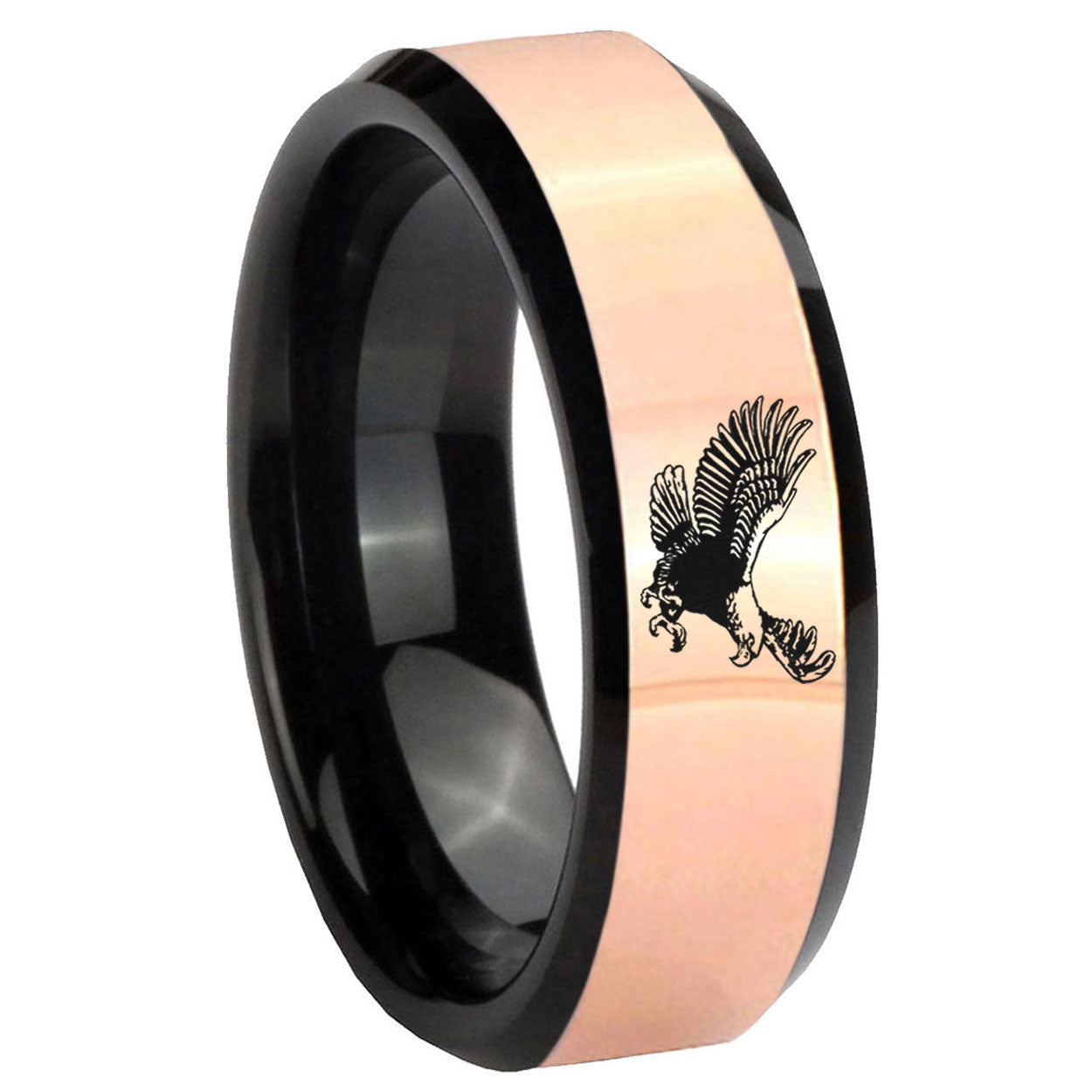 8MM Flying American Eagle Rose Gold Black Bevel Tungsten Custom Ring
