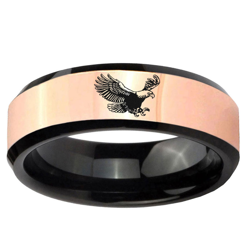 Flying American Eagle Rose Gold Black Bevel Tungsten Custom Ring