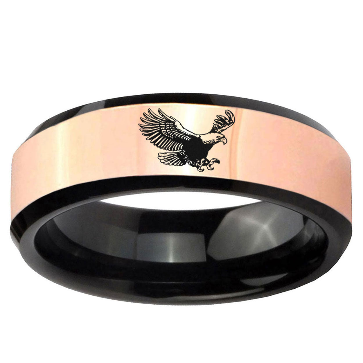 Flying American Eagle Rose Gold Black Bevel Tungsten Custom Ring