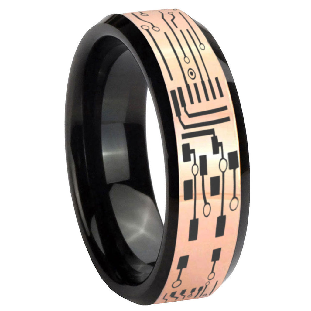 8MM Circuit Board Rose Gold Black Bevel Tungsten Custom Ring