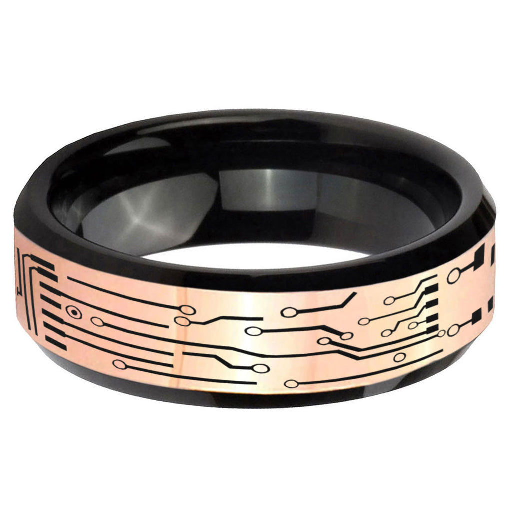 Circuit Board Rose Gold Black Bevel Tungsten Custom Ring