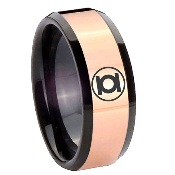 8mm Green Lantern Beveled Edge Black Rose Gold Engraving Rings