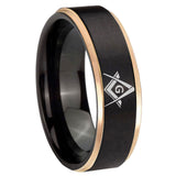 8mm Freemason Masonic Rose Gold Step Edge Black Tungsten Carbide Bands Ring