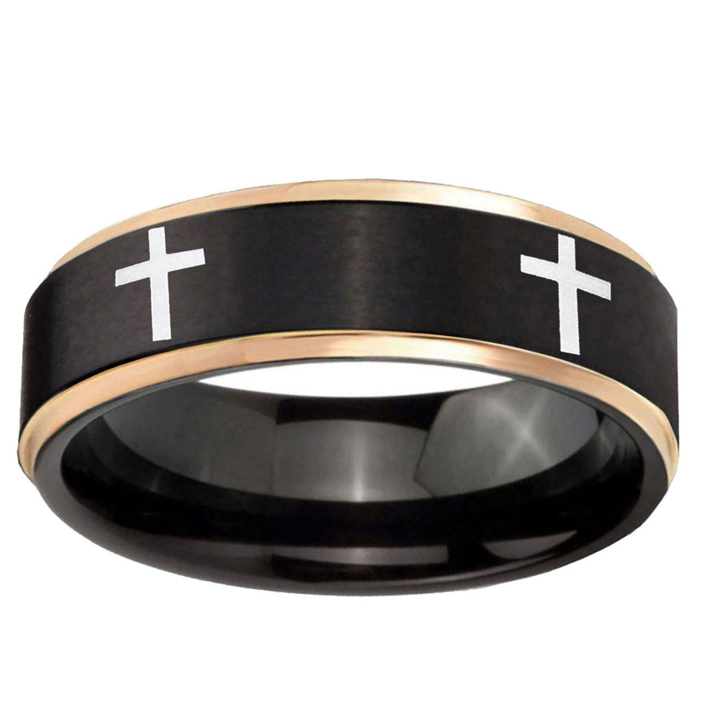 6mm Crosses Rose Gold Step Edge Black Tungsten Custom Ring
