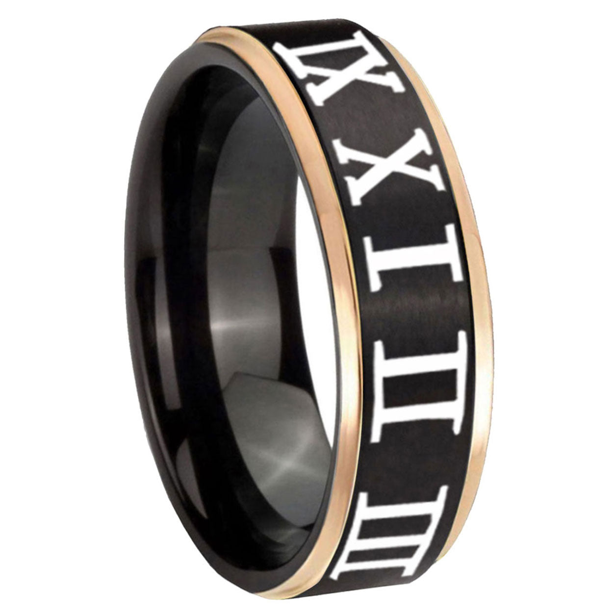 8mm Roman Numeral Rose Gold Step Edge Black Tungsten Ring