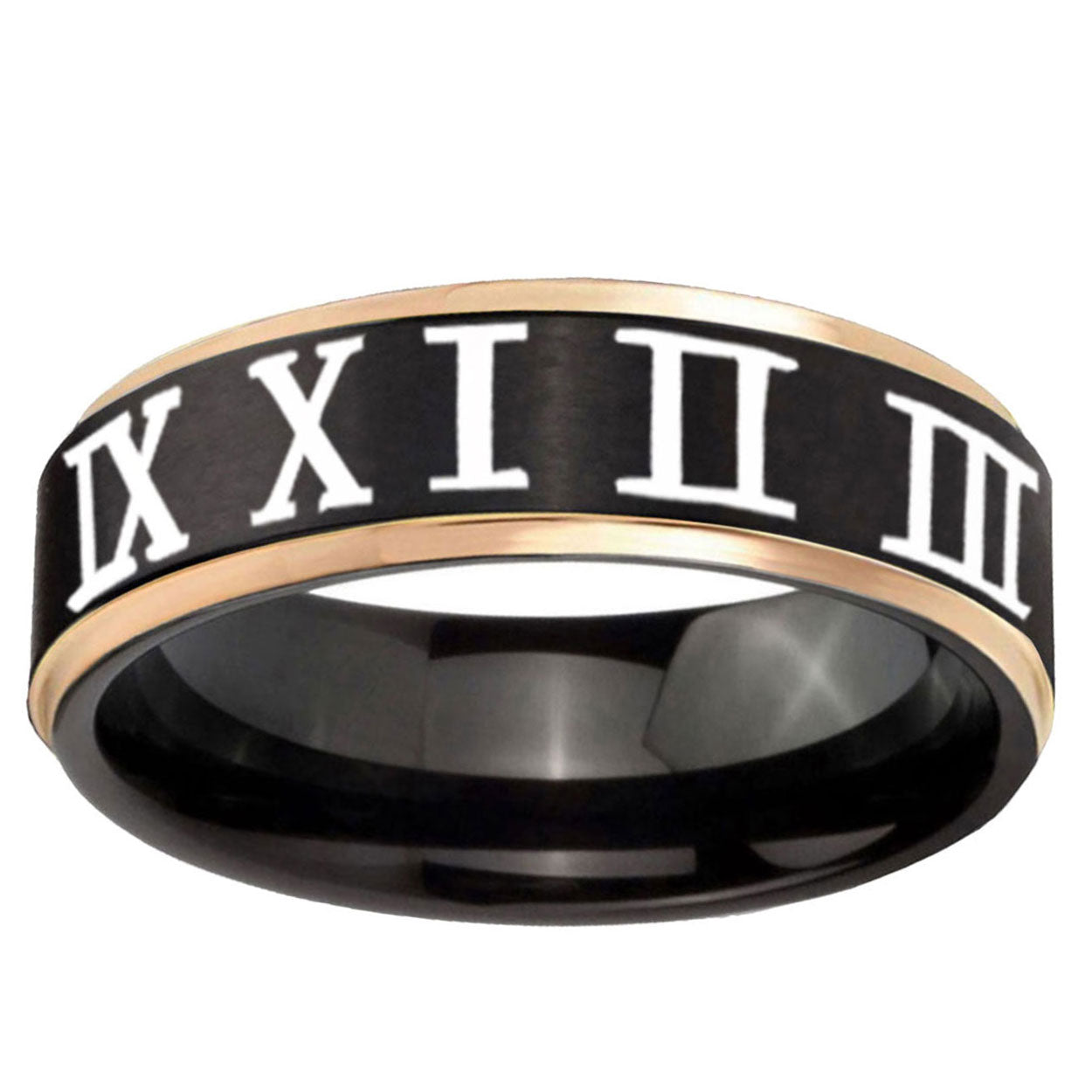 6mm Roman Numeral Rose Gold Step Edge Black Tungsten Ring