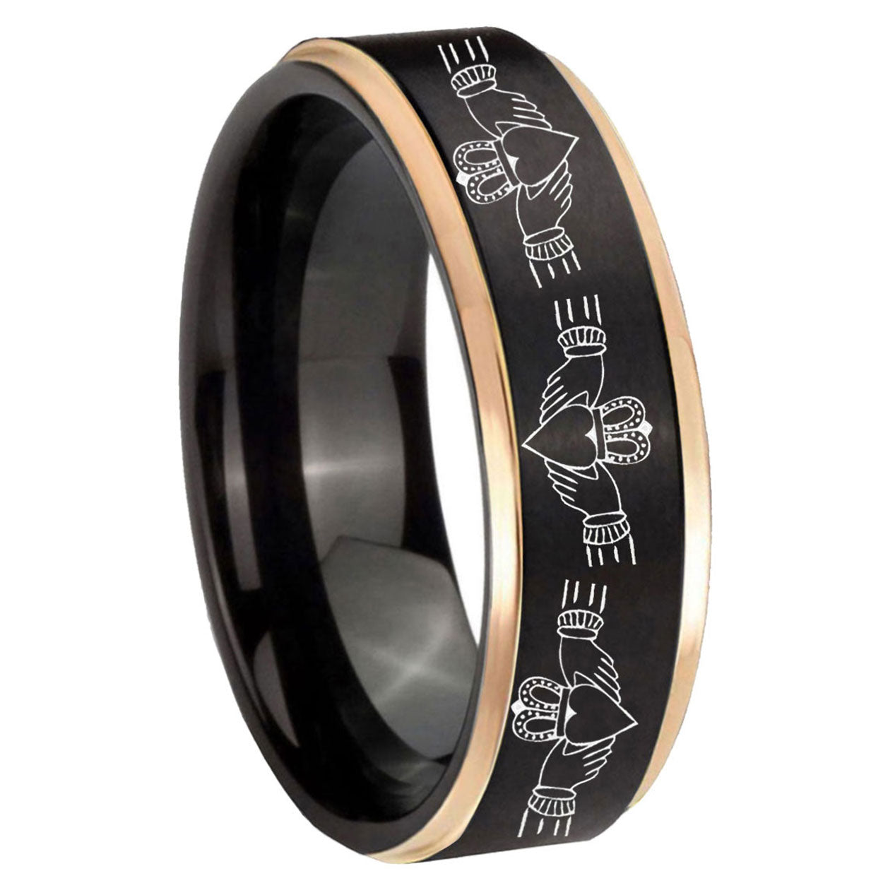 8mm Irish Claddagh Rose Gold Step Edge Black Tungsten Ring
