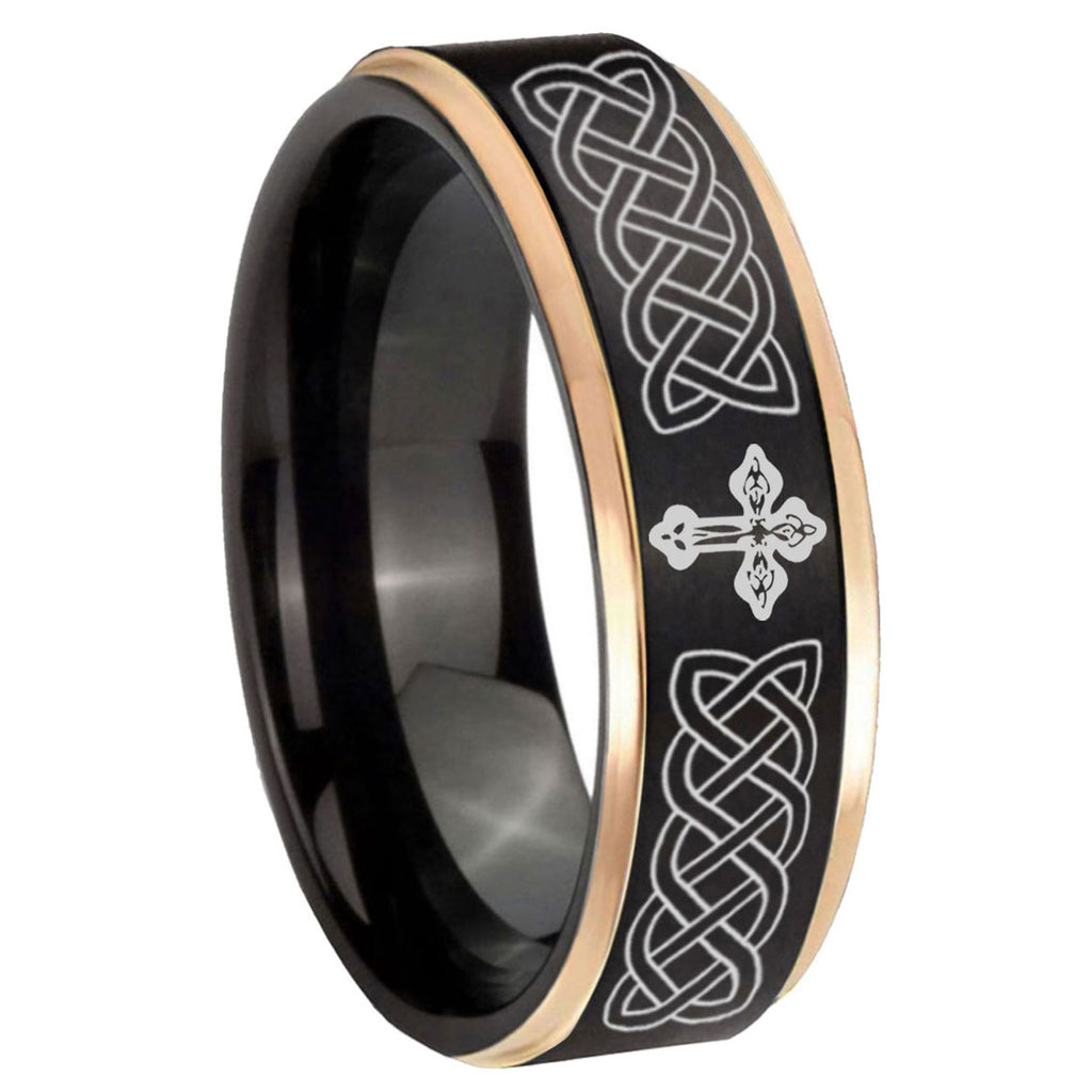 8mm Celtic Cross Rose Gold Step Edge Black Tungsten Ring
