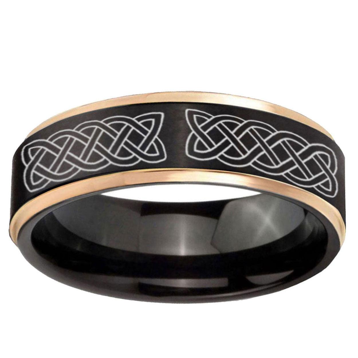 6mm Celtic Knot Rose Gold Step Edge Black Tungsten Ring