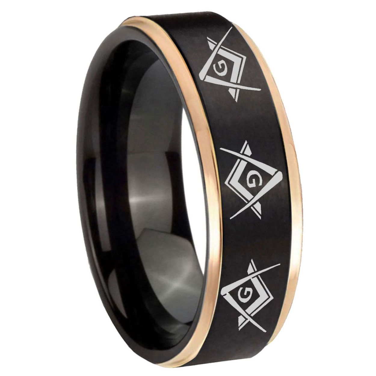 8mm Master Mason Masonic Rose Gold Step Edge Black Tungsten Band
