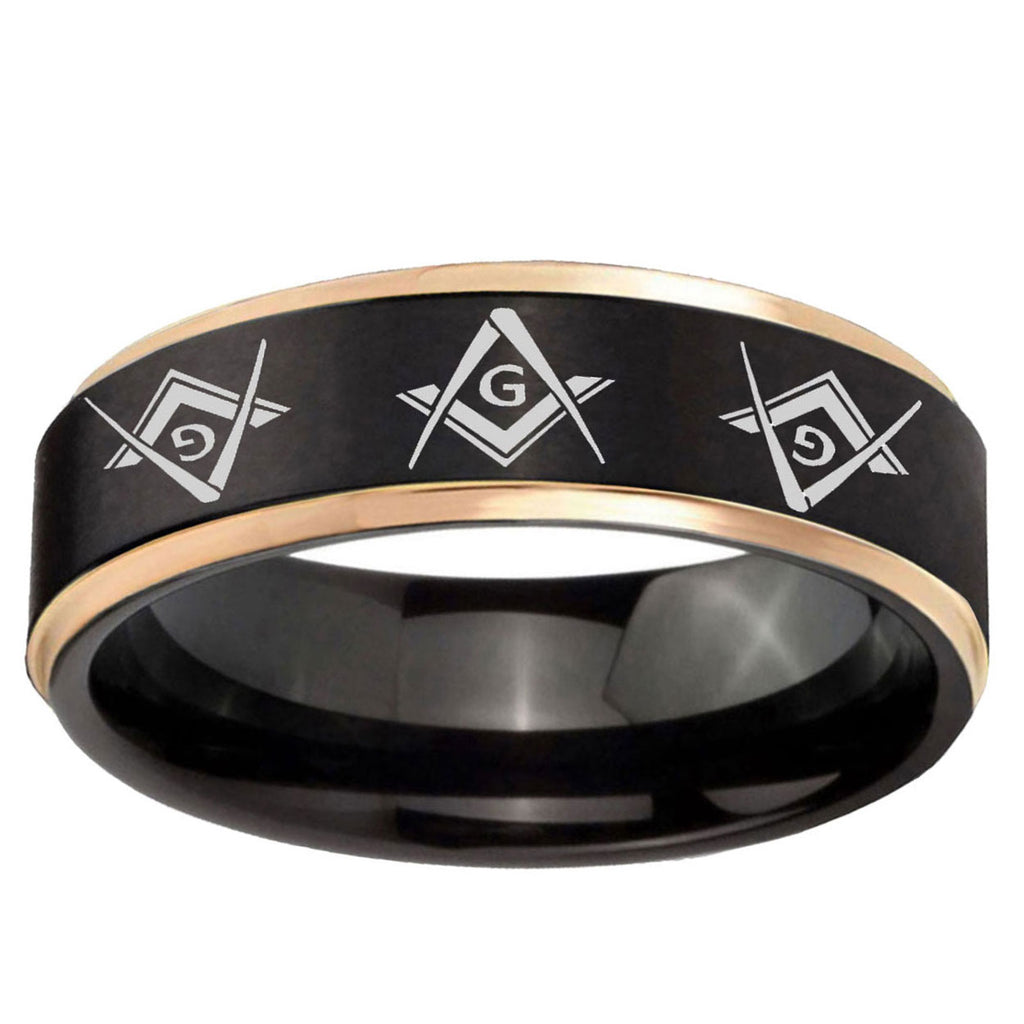 6mm Master Mason Masonic Rose Gold Step Edge Black Tungsten Band