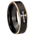 8mm Christian Cross Rose Gold Step Edge Black Tungsten Ring