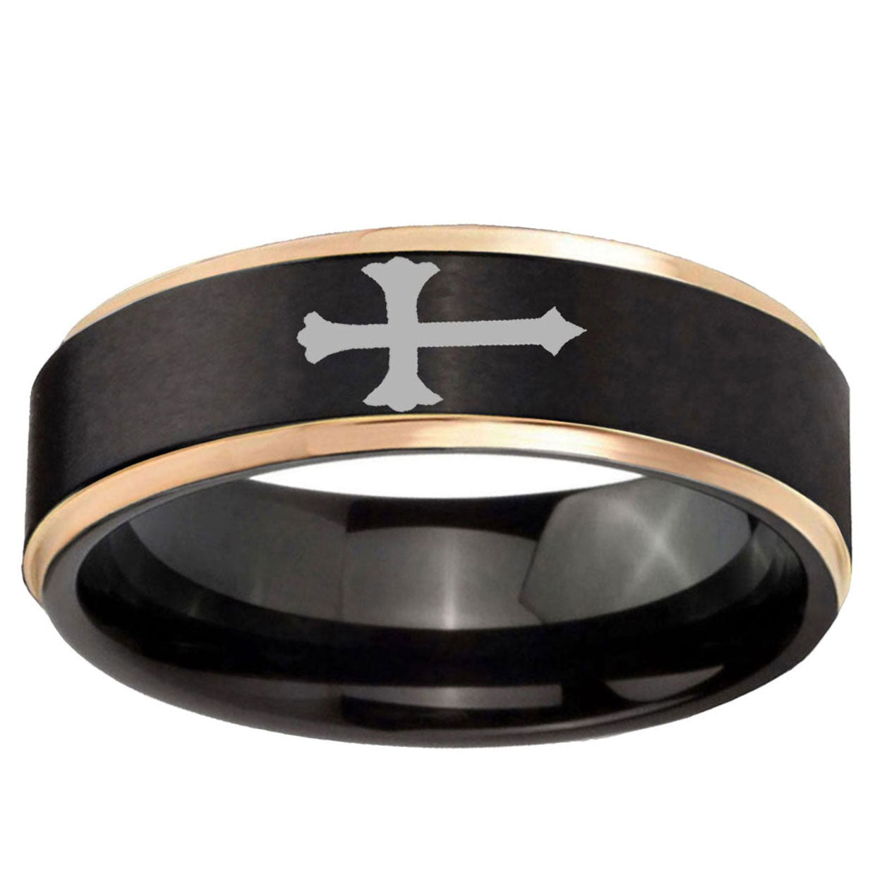 6mm Christian Cross Rose Gold Step Edge Black Tungsten Ring