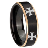 8mm 4 Maltese Cross Rose Gold Step Edge Black Tungsten Carbide Bands Ring