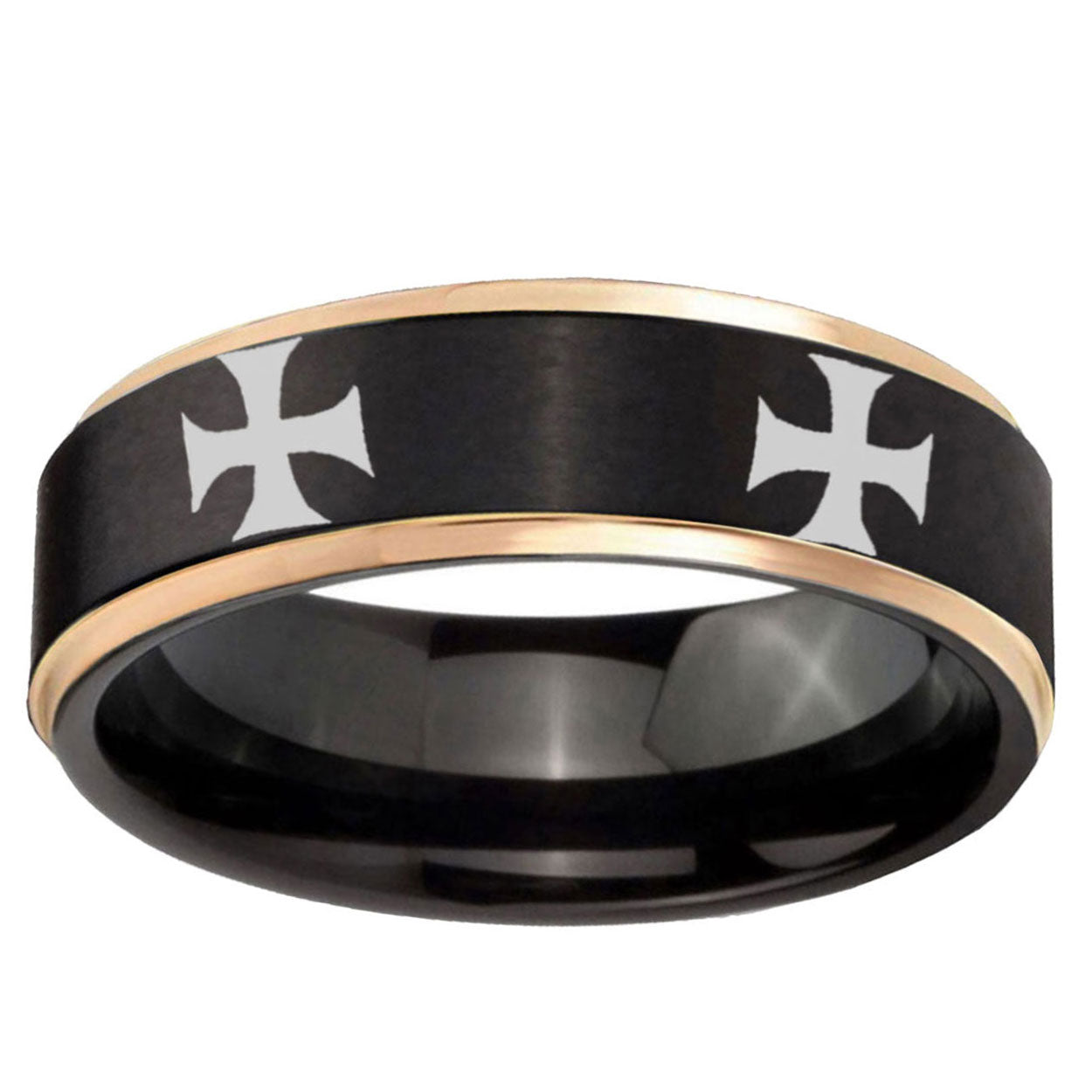 6mm 4 Maltese Cross Rose Gold Step Edge Black Tungsten Bands