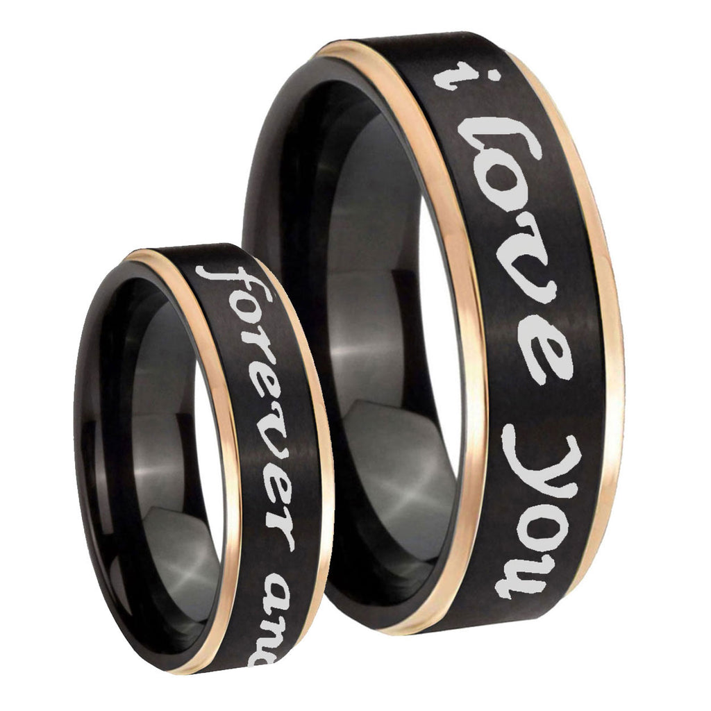 8mm I Love You Forever ever Rose Gold Step Edge Black Tungsten Ring