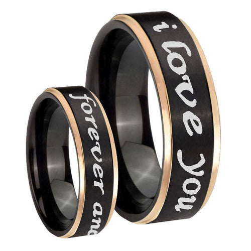 8mm I Love You Forever ever Rose Gold Step Edge Black Tungsten Ring