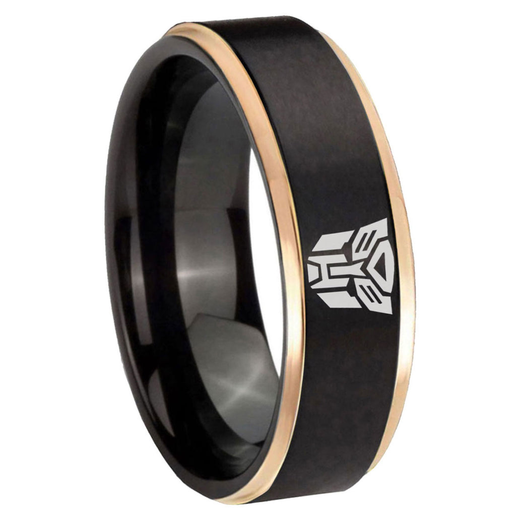 8mm Transformers Autobot Rose Gold Step Edge Black Tungsten Ring