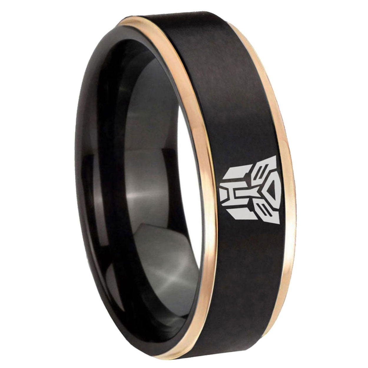 8mm Transformers Autobot Rose Gold Step Edge Black Tungsten Ring