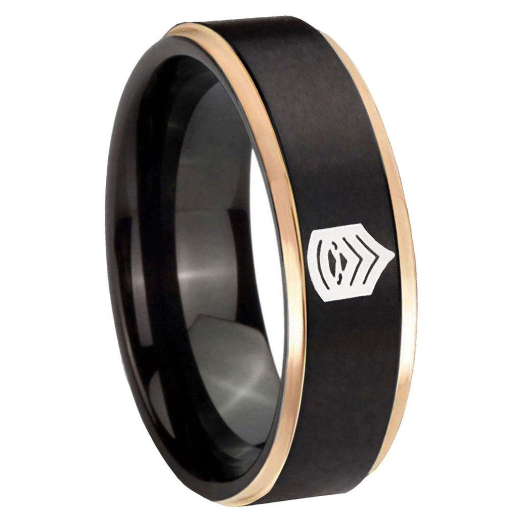 8mm Army Sergeant Major Rose Gold Step Edge Black Tungsten Ring